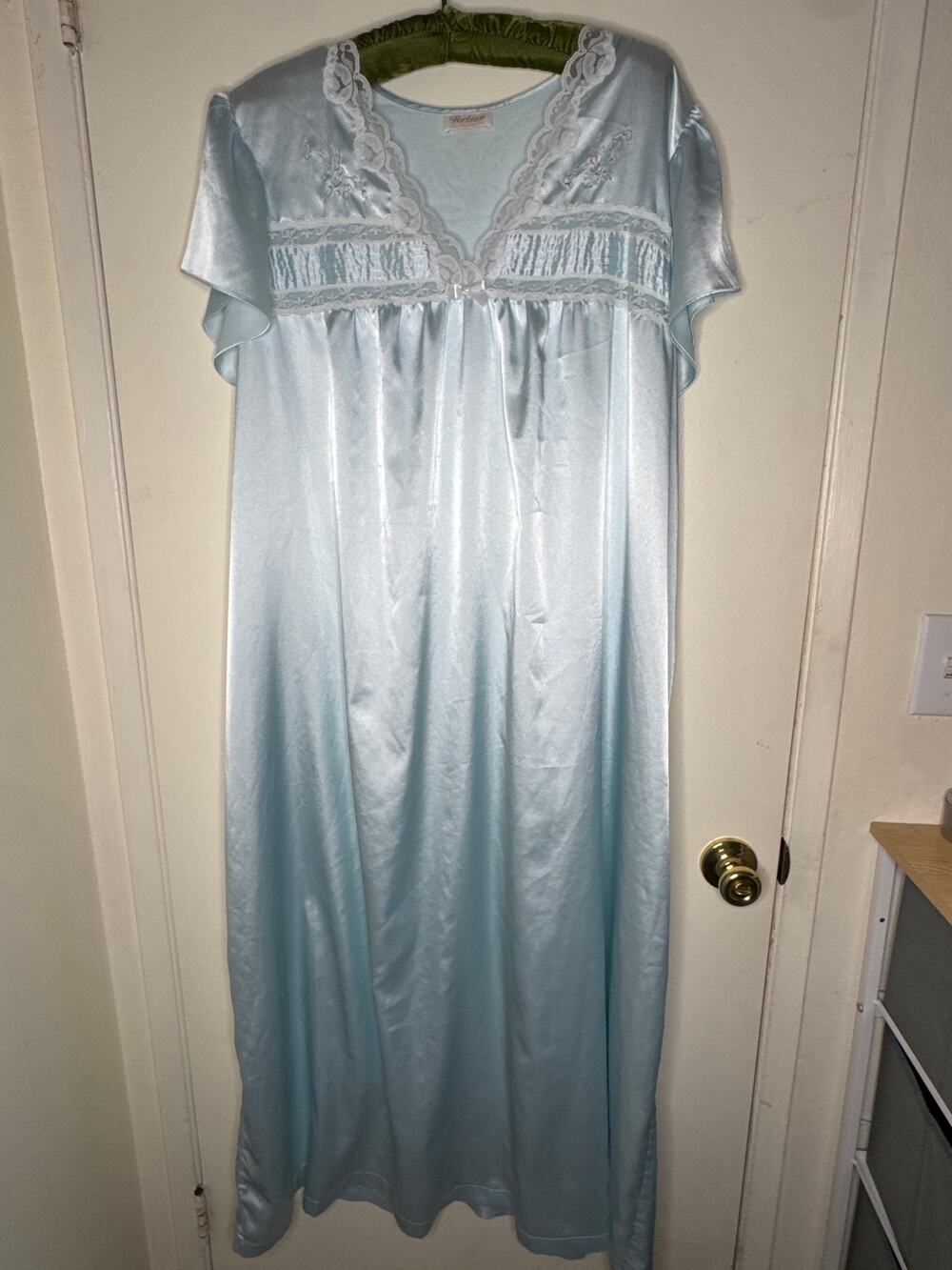 Vintage Coquette Barbizon Light Blue Satin & Lace Nightgown-Flutter Sleeve Maxi